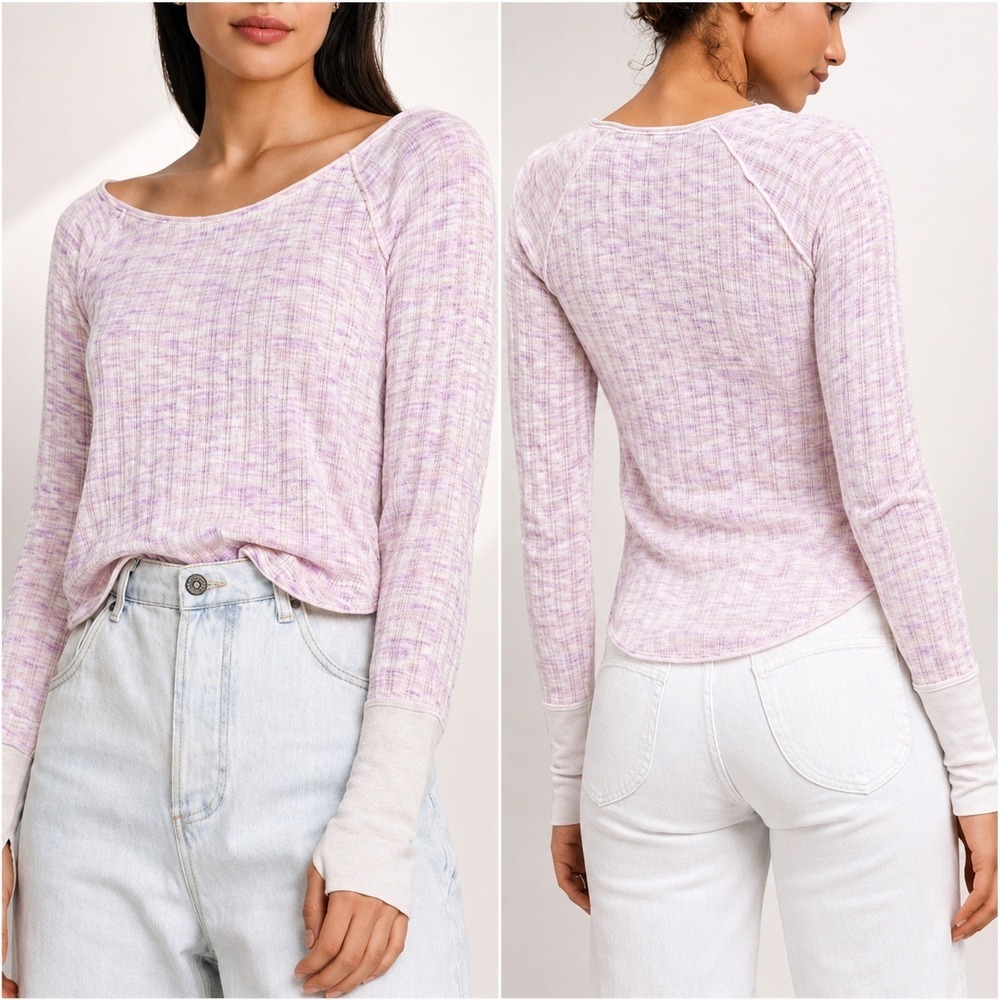 Free People Spaced Out Long Sleeve Themral Knit Top Pink Combo SZ Large Coquette
